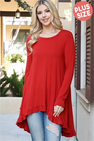 S32-1-1-MF-MT2569X-RU - PLUS SIZE ROUND NECK HI-LOW HEM RUFFLE DETAIL TOP- RUST 2-2-2