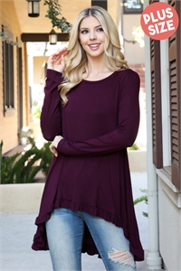 S32-1-1-MF-MT2569X-WN - PLUS SIZE ROUND NECK HI-LOW HEM RUFFLE DETAIL TOP- WINE 2-2-2