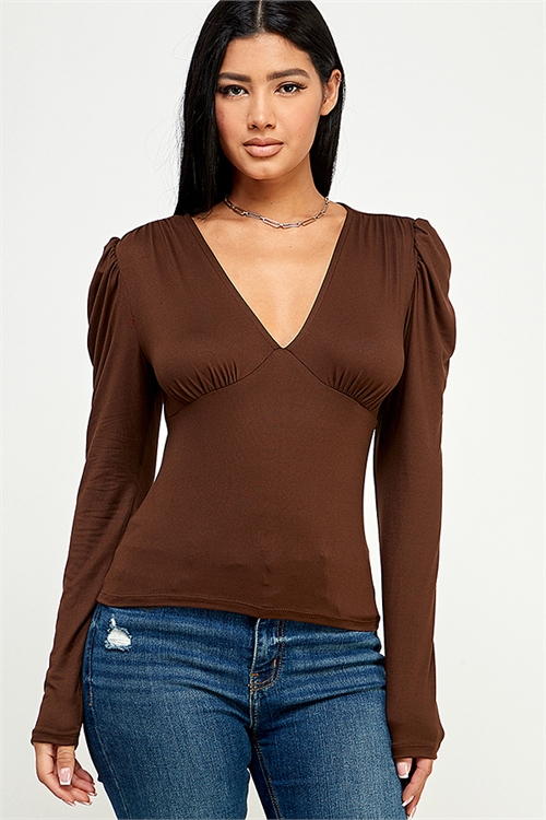 S32-1-1-MF-MT2571-BWN - V-NECK PUFF SLEEVE SOLID KNIT TOP- BROWN 2-2-2