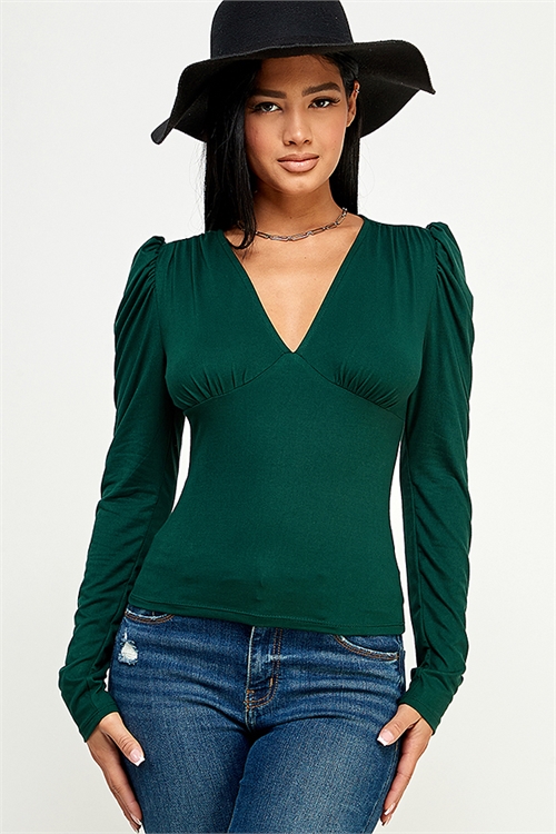 S32-1-1-MF-MT2571-HTGN - V-NECK PUFF SLEEVE SOLID KNIT TOP- HUNTER GREEN 2-2-2