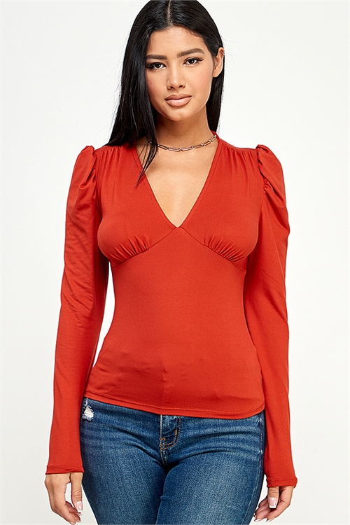 S32-1-1-MF-MT2571-RU - V-NECK PUFF SLEEVE SOLID KNIT TOP- RUST 2-2-2