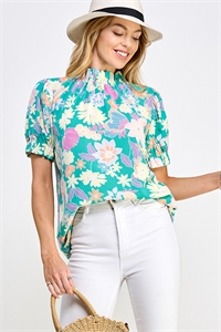 S38-1-1-MF-MT2573-2-JDMLT - RUFFLED MOCK NECK PUFF SLEEVE FLORAL BLOUSE-  2-2-2-2