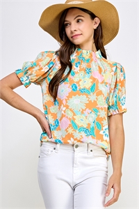 S38-1-1-MF-MT2573-2-ORMLT - RUFFLED MOCK NECK PUFF SLEEVE FLORAL BLOUSE- ORANGE MULTI 2-2-2-2