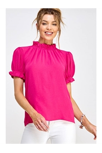 S38-1-1-MF-MT2573-FCH - MOCK NECK PUFF SLEEVE WOVEN SOLID BLOUSE- FUCHSIA 2-2-2-2