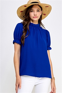S38-1-1-MF-MT2573-RYLBL - MOCK NECK PUFF SLEEVE WOVEN SOLID BLOUSE- ROYAL BLUE 2-2-2-2