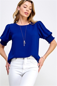 S38-1-1-MF-MT2574-RYLBL - ROUND NECK SMOCKED CUFF PUFF SLEEVE WOVEN TOP- ROYAL BLUE 2-2-2-2