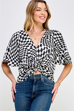 S38-1-1-MF-MT2575-1-BKIV - SATIN EFFECT GEO PRINT TWISTED V NECK TOP- BLACK IVORY 2-2-2-2