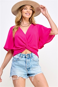 S38-1-1-MF-MT2575-FCH - FLUTTER SLEEVE TWISTED FRONT WOVEN SOLID TOP- FUCHSIA 2-2-2-2