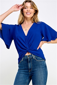 S38-1-1-MF-MT2575-RYLBL - FLUTTER SLEEVE TWISTED FRONT WOVEN SOLID TOP- ROYAL BLUE 2-2-2-2