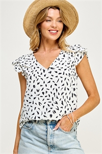 S38-1-1-MF-MT2576-2-IVBK - V NECK RUFFLED SLEEVE WOVEN PRINT TOP- IVORY BLACK 2-2-2-2