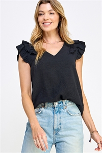 S38-1-1-MF-MT2576-BK - V NECK RUFFLED SLEEVE WOVEN SOLID TOP- BLACK 2-2-2-2