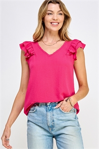 S38-1-1-MF-MT2576-FCH - V NECK RUFFLED SLEEVE WOVEN SOLID TOP- FUCHSIA 2-2-2-2