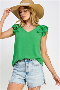 S38-1-1-MF-MT2576-GN - V NECK RUFFLED SLEEVE WOVEN SOLID TOP- GREEN 2-2-2-2