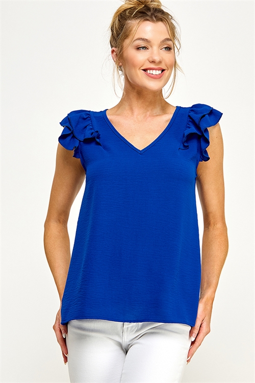 S38-1-1-MF-MT2576-RYLBL - V NECK RUFFLED SLEEVE WOVEN SOLID TOP- ROYAL BLUE 2-2-2-2