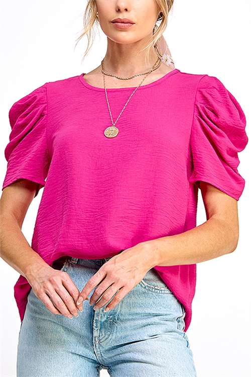 S32-1-1-MF-MT2578-FCH - PLEATED PUFF SLEEVE WOVEN SOLID TOP- FUCHSIA 2-2-2-2