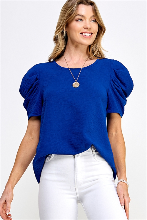 C72-A-1-MF-MT2578-RYLBL - PLEATED PUFF SLEEVE WOVEN SOLID TOP- ROYAL BLUE 2-2-2-2