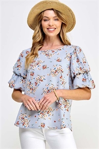 S38-1-1-MF-MT2579-1-DSTBL - LAYERED PUFF SLEEVE WOVEN FLORAL BLOUSE- DUSTY BLUE 2-2-2-2