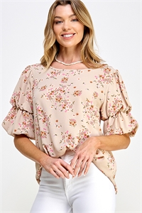S38-1-1-MF-MT2579-1-TPMLT - LAYERED PUFF SLEEVE WOVEN FLORAL BLOUSE- TAUPE MULTI 2-2-2-2