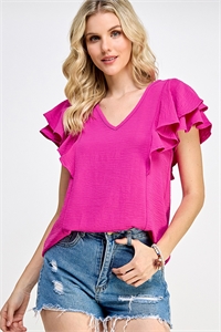 S38-1-1-MF-MT2580-FCH - FLUTTER SLEEVE RUFFLE DETAIL V NECK WOVEN TOP- FUCHSIA 2-2-2-2