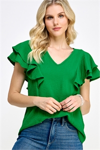 S38-1-1-MF-MT2580-GN - FLUTTER SLEEVE RUFFLE DETAIL V NECK WOVEN TOP- GREEN 2-2-2-2