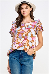 S38-1-1-MF-MT2581-1-MCMLT - RUFFLED FLUTTER SLEEVE WOVEN FLORAL TOP- MOCHA MULTI 2-2-2-2