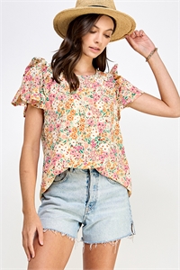 S38-1-1-MF-MT2581-2-TP - RUFFLE DETAIL FLUTTER SLEEVE WOVEN FLORAL TOP- TAUPE 2-2-2-2