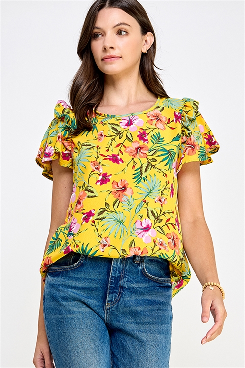S38-1-1-MF-MT2581-3-MLT - FLUTTER SLEEVE WITH RUFFLE WOVEN FLORAL TOP- MULTI 2-2-2-2