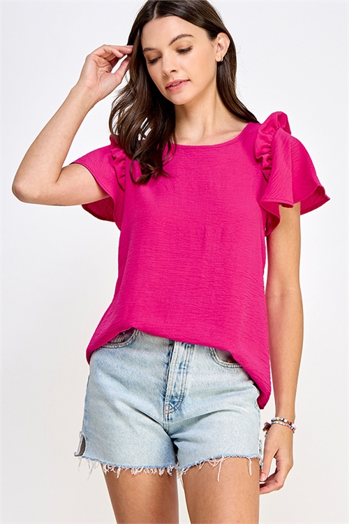 S38-1-1-MF-MT2581-FCH - RUFFLED FLUTTER SLEEVE WOVEN SOLID TOP- FUCHSIA 2-2-2-2