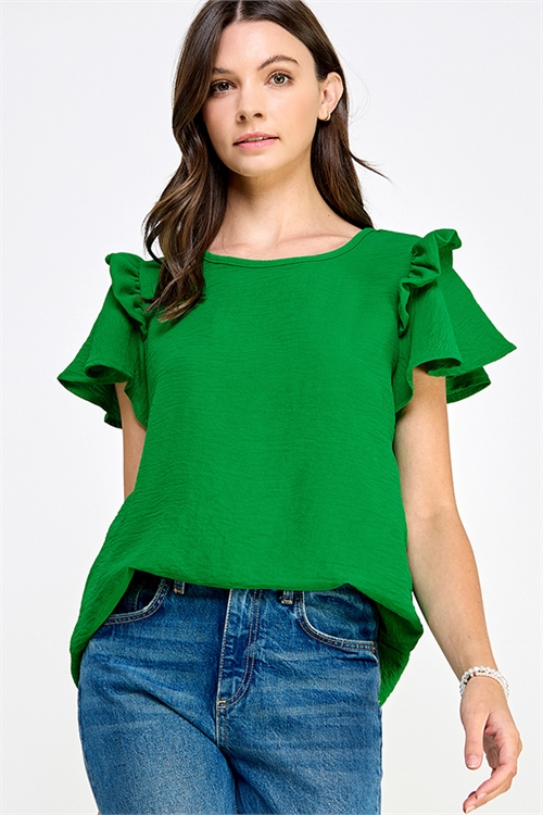 S38-1-1-MF-MT2581-GN - RUFFLED FLUTTER SLEEVE WOVEN SOLID TOP- GREEN 2-2-2-2