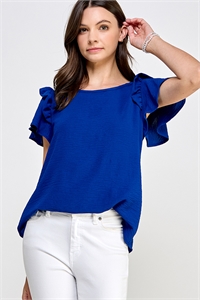 S38-1-1-MF-MT2581-RYLBL - RUFFLED FLUTTER SLEEVE WOVEN SOLID TOP- ROYAL BLUE 2-2-2-2