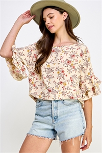 S38-1-1-MF-MT2582-2-CRMMLT - LAYERED RUFFLE SLEEVE WOVEN FLORAL TOP- CREAM MULTI 2-2-2-2