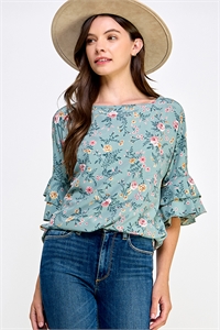 S38-1-1-MF-MT2582-2-SGMLT - LAYERED RUFFLE SLEEVE WOVEN FLORAL TOP- SAGE MULTI 2-2-2-2