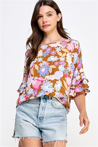 S38-1-1-MF-MT2582-3-MCMLT - WOVEN FLORAL PRINT LAYERED RUFFLE SLEEVE TOP- MOCHA MULTI 2-2-2-2