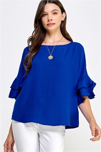 S38-1-1-MF-MT2582-RYLBL - LAYERED RUFFLE SLEEVE WOVEN SOLID TOP- ROYAL BLUE 2-2-2-2