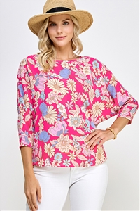 S38-1-1-MF-MT2583-1-FCHMLT - RELAX FIT 3/4 DOLMAN SLEEVE WOVEN FLORAL TOP- FUCHSIA MULTI 2-2-2-2