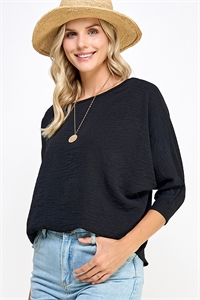 S38-1-1-MF-MT2583-BK - RELAX FIT 3/4 DOLMAN SLEEVE WOVEN SOLID TOP- BLACK 2-2-2-2
