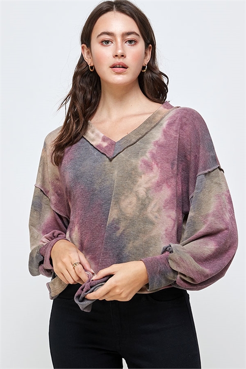 S32-1-1-MF-WT2277-3-MGTOV - BUBBLE SLEEVE TIE DYE KNIT PULLOVER- MAGENTA OLIVE 2-2-2