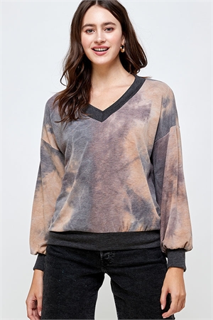 S32-1-1-MF-WT2371-BWNCML - BUBBLE SLEEVE TIE DYE KNIT PULLOVER- BROWN CAMEL 2-2-2