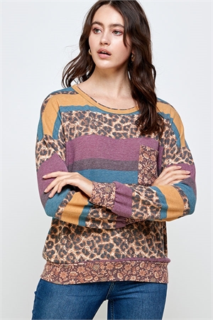 S32-1-1-MF-WT23722-BUMLT - LEOPARD FLORAL AND RETRO STRIPED KNIT PULLOVER- BURGUNDY MULTI 2-2-2