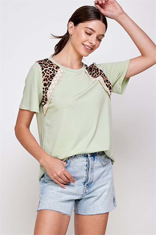 S38-1-1-MF-WT2418-SG - CROCHET AND LEOPARD ACCENT SOLID KNIT TOP- SAGE 2-2-2