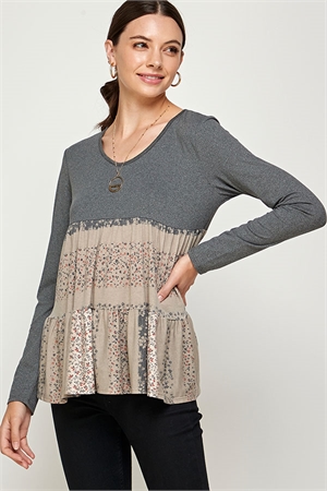 S32-1-1-MF-WT2460C-CHLKHK - TIERED FLORAL KNIT BLOUSE- CHARCOAL KHAKI 2-2-2