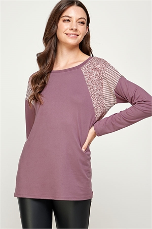 S32-1-1-MF-WT2466-MV - FLOWERS AND HOUNDSTOOTH LONG SLEEVE KNIT TOP- MAUVE 2-2-2