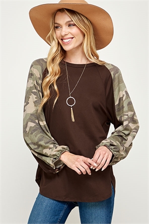 S32-1-1-MF-WT2476-BWN - CAMO CONTRAST BUBBLE SLEEVE KNIT TOP- BROWN 2-2-2