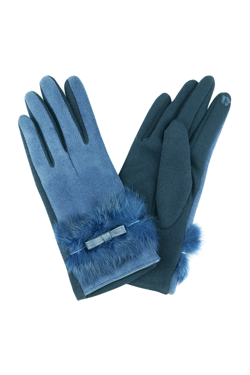 S22-6-1-MG0009NV - REAL FUR W/BOW GLOVES SMART TOUCH - NAVY/6PCS