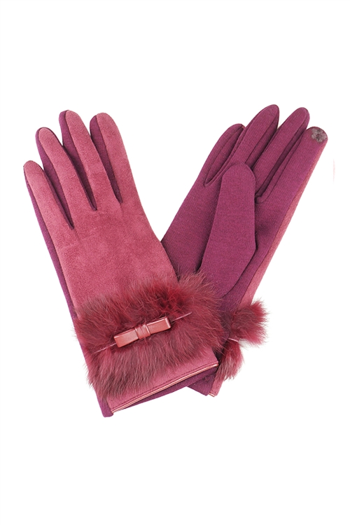 S22-6-1-MG0009RD - REAL FUR W/BOW GLOVES SMART TOUCH - RED/6PCS