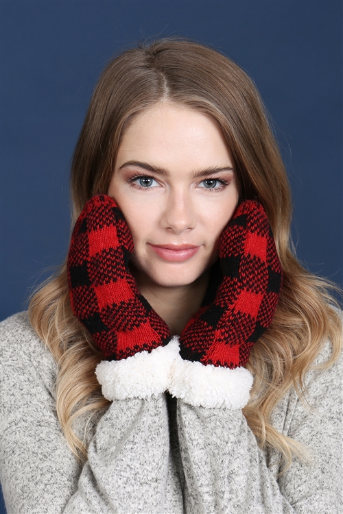 S29-1-4-MG0025RD-1 - SHERPA BUFFALO PLAID MITTEN - RED/1PC