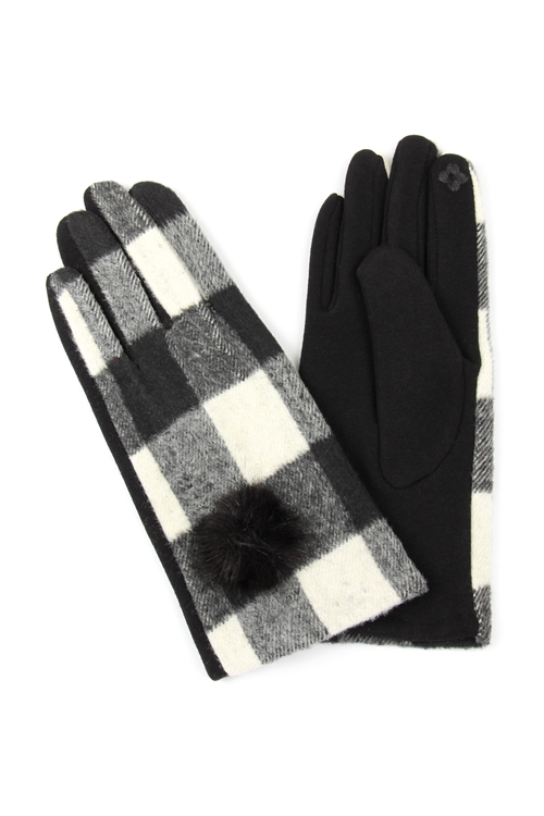 S19-6-1-MG0027BK - BUFFALO PLAID POMPOM GLOVES SMART TOUCH BLACK/6PCS (NOW $3.25 ONLY!)