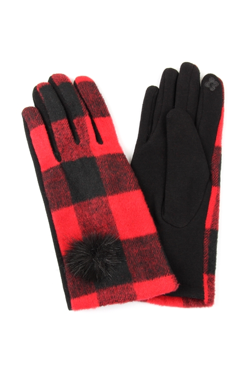 S30-1-1-MG0027RD - BUFFALO PLAID POMPOM GLOVES SMART TOUCH RED/6PCS