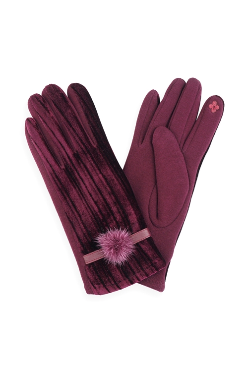 S21-4-3-MG0033BU - VELVET POMPOM GLOVES SMART TOUCH BURGUNDY/6PCS