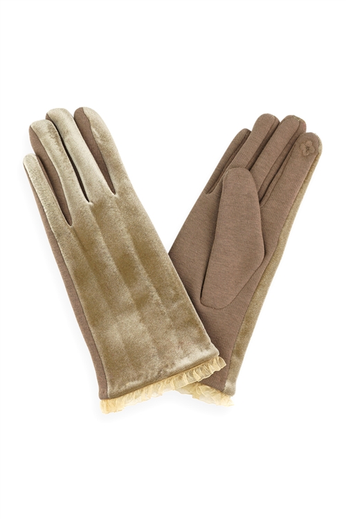 S21-1-2-MG0035TP - VELVET LACE TRIM GLOVES SMART TOUCH TAUPE/6PCS